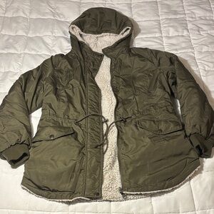 Sebby Reversible Olive Green and Cream Sherpa Hooded Jacket with
